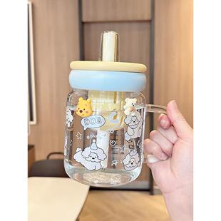 吸管玻璃大容量办公室规模饮水杯女生带柄学生可爱小狗杯
