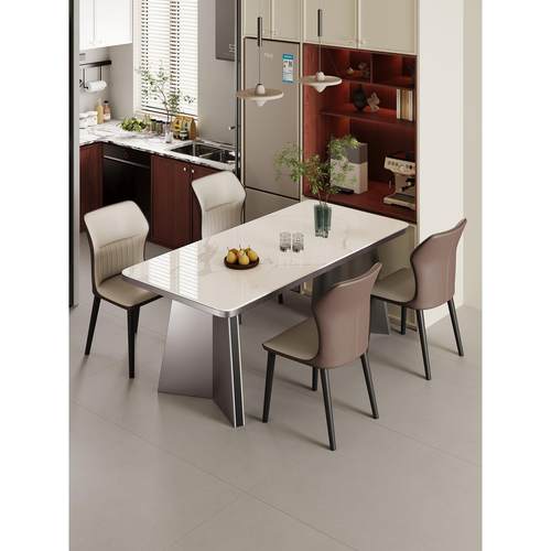 意式极简不锈钢下挂岩板餐桌椅组合现代简约家用小户型长方形饭桌