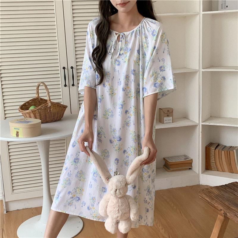 女士棉绸睡裙夏季薄款人造棉空调家居服睡衣加肥大码宽松中长款天