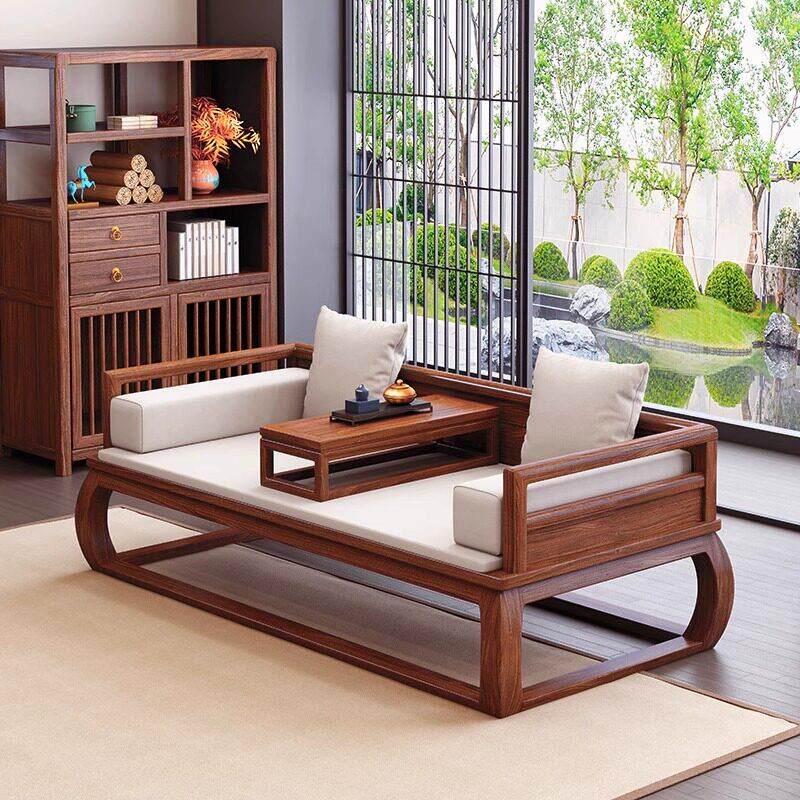 新中式客厅家用乌金木罗汉床矮炕组合冬夏两用型实木沙发床躺椅