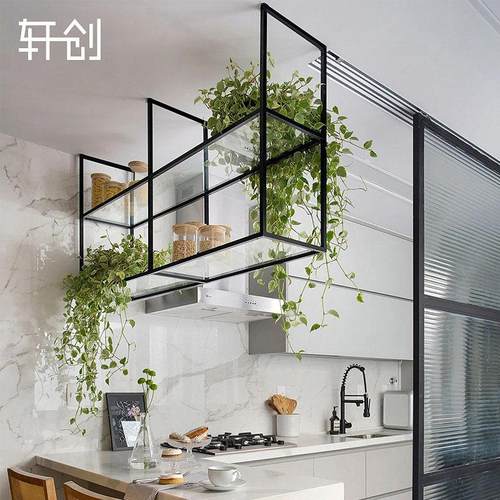 铁艺吧台吊架亚克力玻璃吊顶置物架厨房客厅悬挂吊柜餐厅上墙收纳