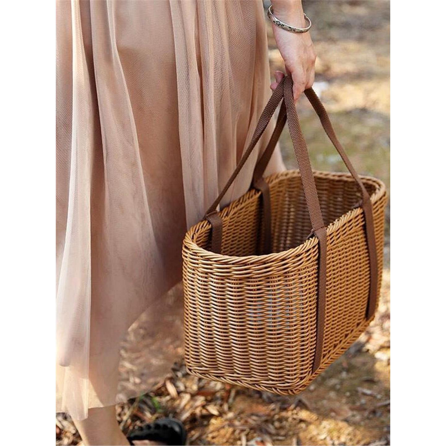 日式品质买菜手提篮户外野餐藤编露营专用竹编菜篮编织采摘篮子