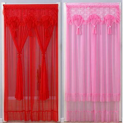结婚卧室红色蕾丝门帘双层双开帘子农村大门纱帘免打孔粘贴隔断帘