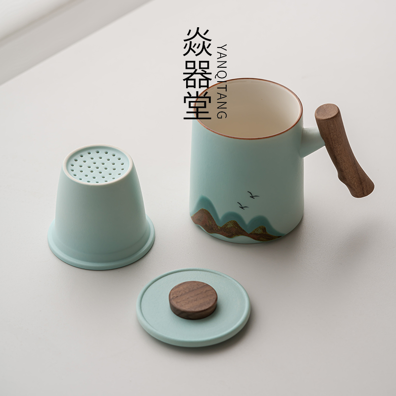 陶瓷千里江山马克杯带盖家用水杯办公杯个人专用茶水分离杯定制