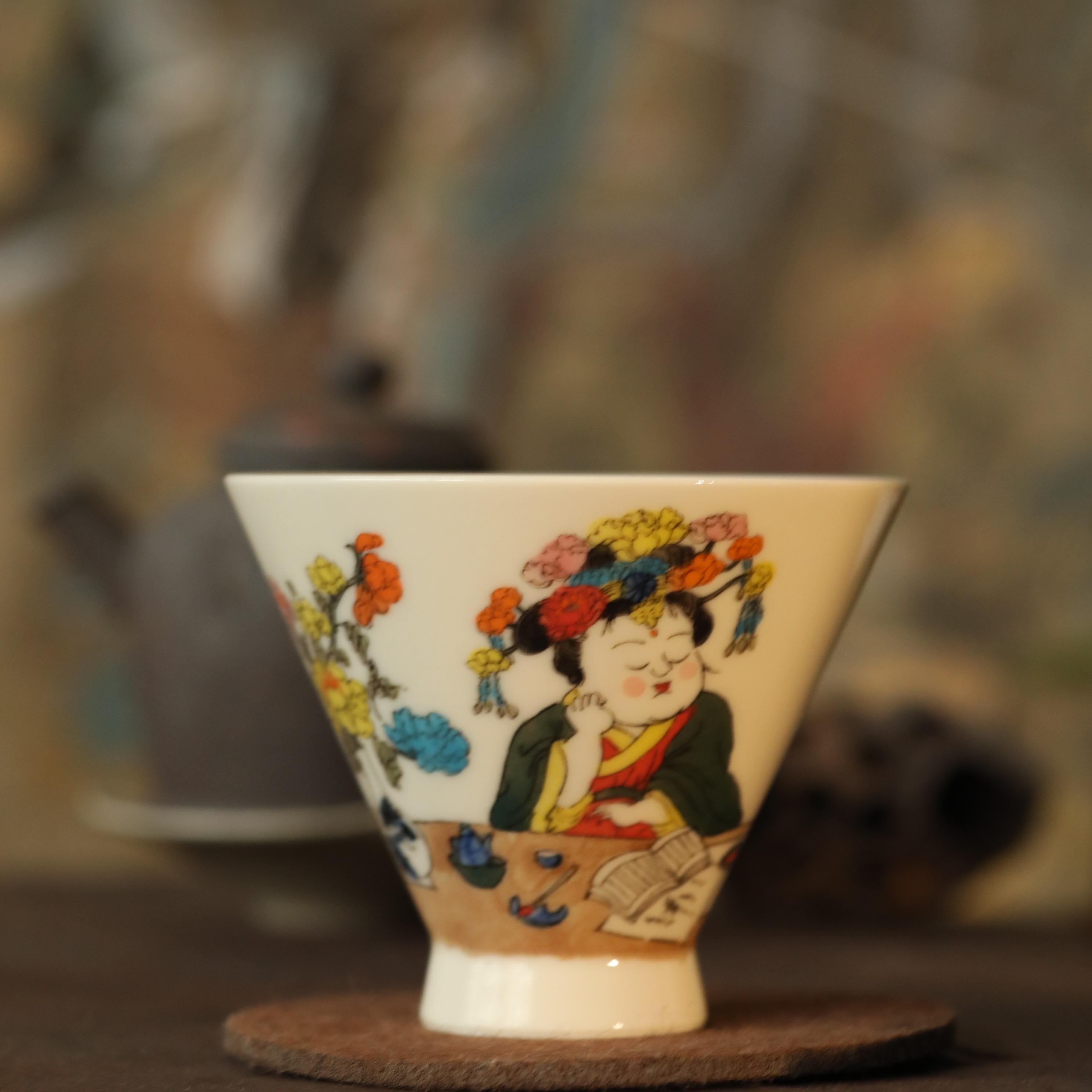 景德镇陶瓷主人杯斗笠杯釉下彩手绘手工高温簪花仕女品茗礼品