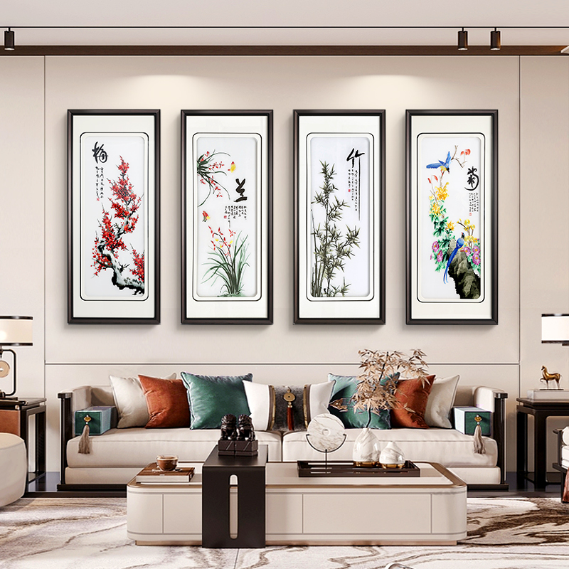 速发梅兰竹菊客厅装饰画新中式立体刺绣实物画茶室背景墙挂画图片