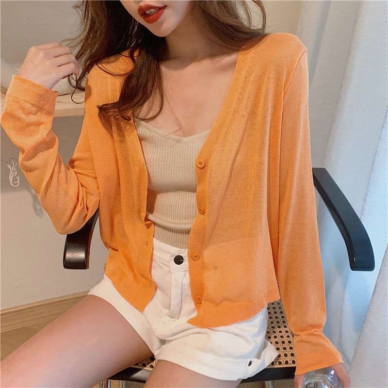 Solid Color V-neck Ice Silk Sun Protection CQardigan Women's