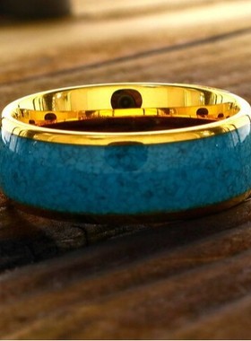 跨境爆款不锈钢戒指弧面绿松石纹理戒指斜边颗粒男士指环饰品