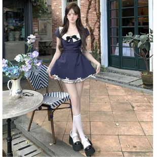 甜美蓝色蝴蝶结连衣裙女夏季 法式 学院风小个子收腰a字蓬蓬短裙子