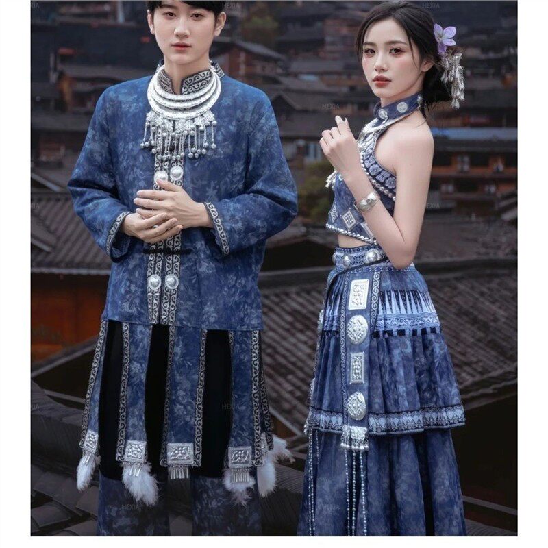 新款少数民族苗族扎染服饰情侣写真服装旅拍苗疆蜡染套装摄影男