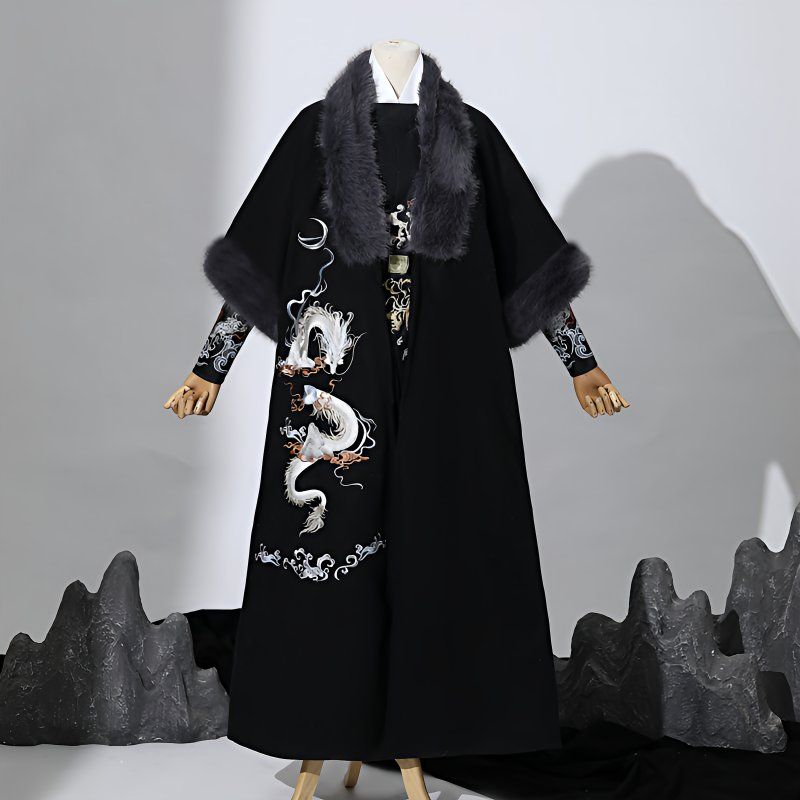 洞牧原创汉服仿狐狸毛领保暖加绒对襟袍男装冬季汉服裘衣半袖披袄