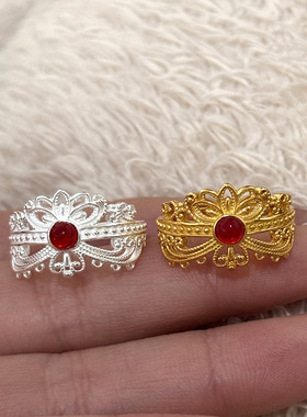 小红书爆款新中式国潮凤冠霞帔红宝石戒指复古宫廷风镂空花丝指环