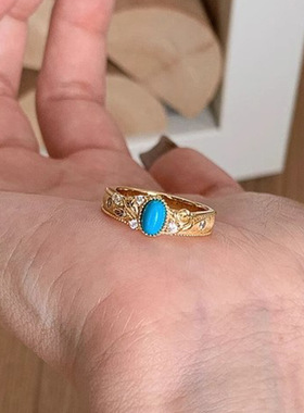 小红书爆款立体雕花蓝松石戒指时尚轻奢微镶海纹绿松石简约指环女