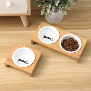 猫碗双碗猫食盆竹架陶瓷猫饭盆饮水猫粮碗狗碗饮水盆猫咪宠物用品