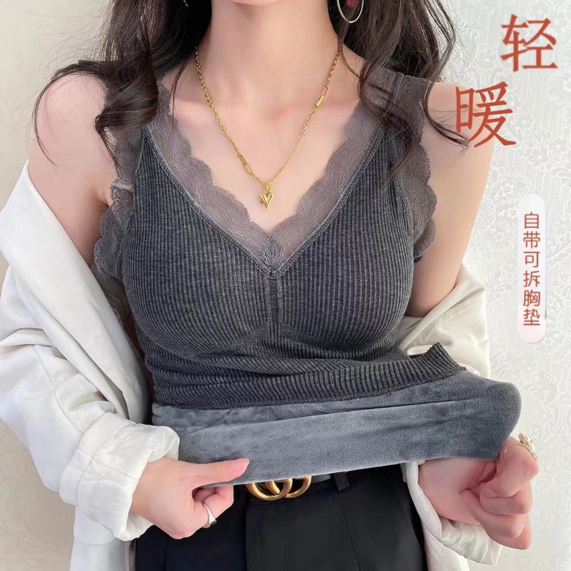 蕾丝保暖吊带背心女带胸垫一体无痕显瘦大码加绒加厚百搭打底内衣