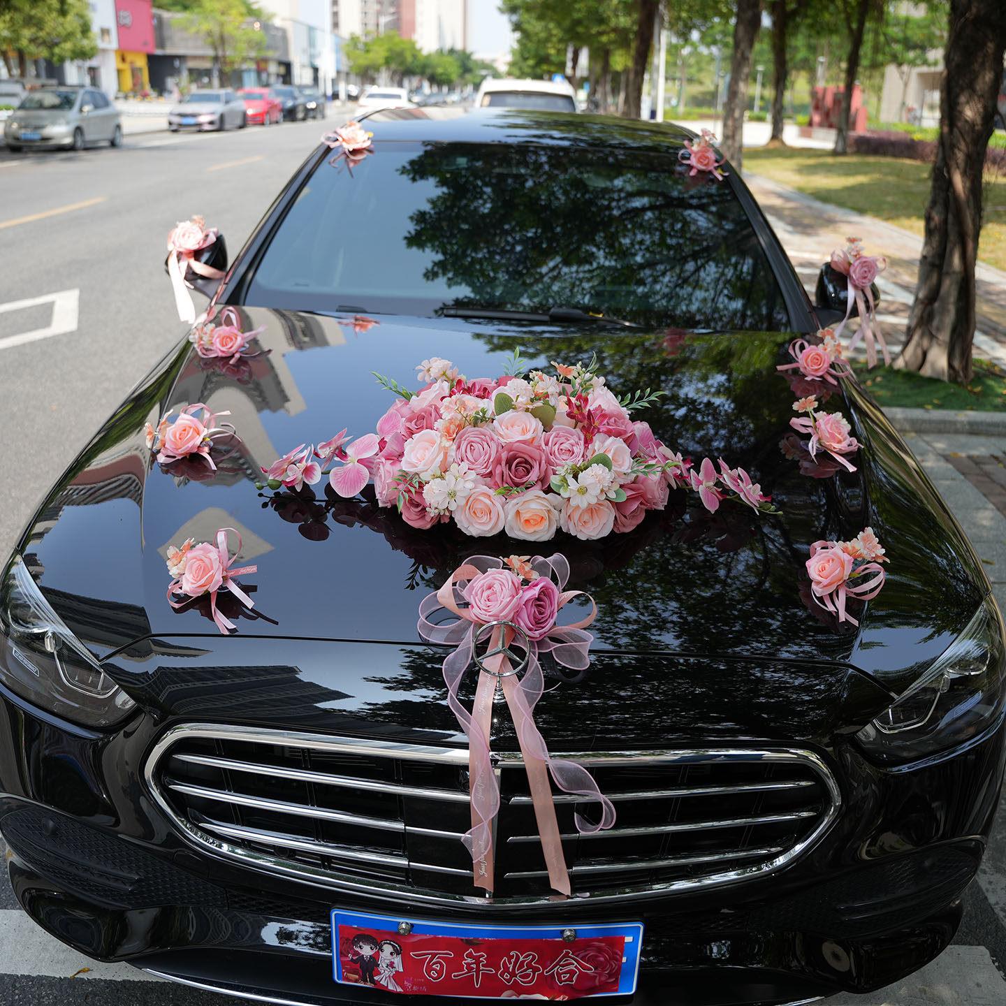 圆喜肉粉一字型结婚礼车装饰车头花结婚彷真花新娘花车头车装饰车