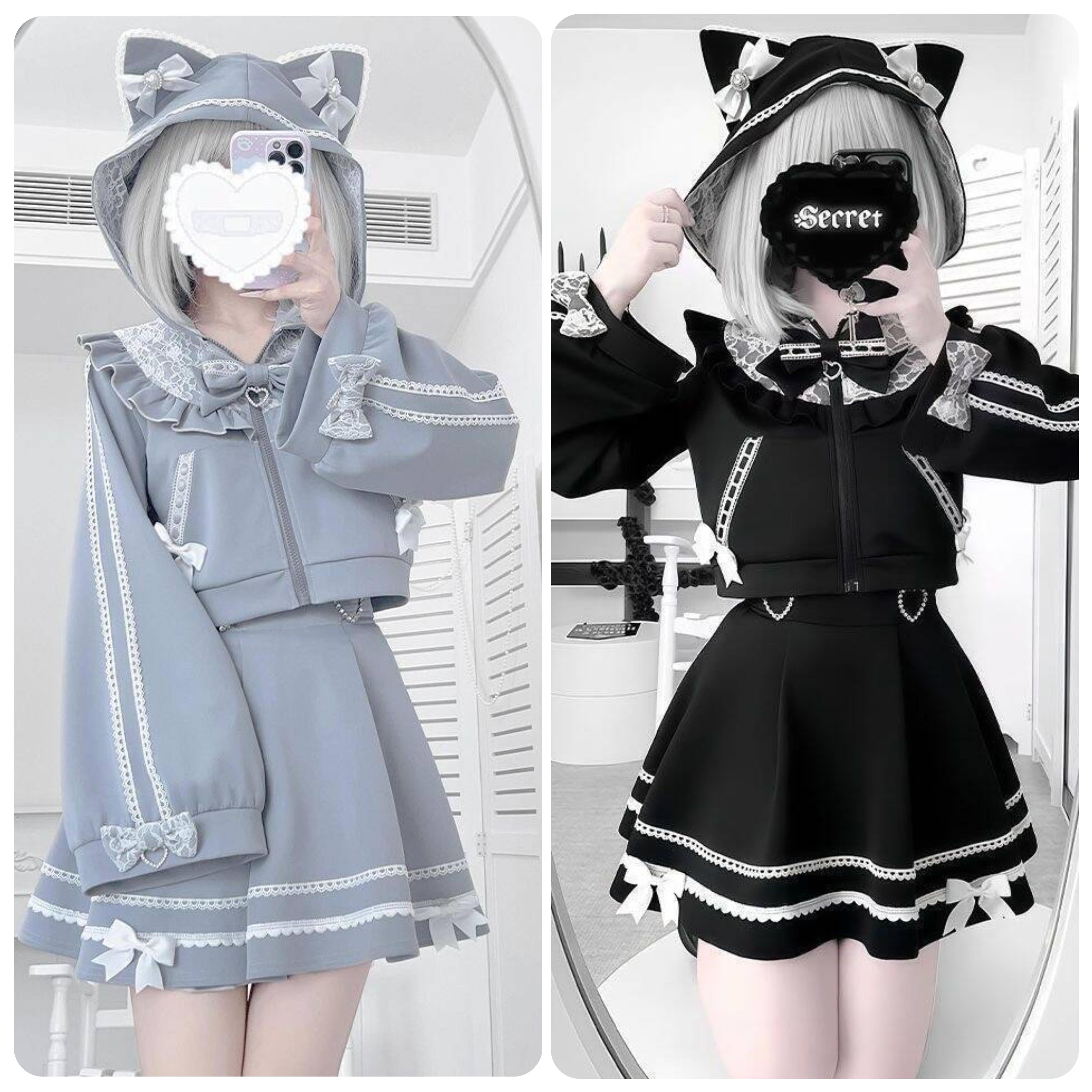 亚文化少女猫耳甜心秋冬可爱运动服长袖短外套半裙黑色水色套装