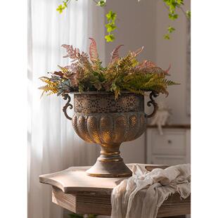覆古做旧法式花盆创意艺术高脚奖杯大口径铁艺花店花艺金属花器