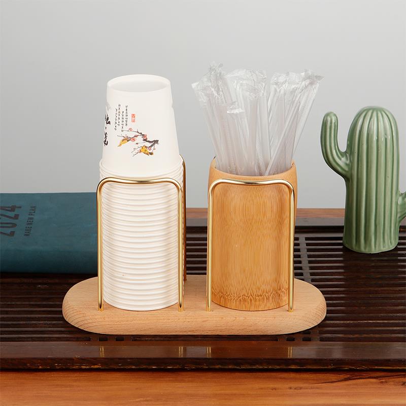 实木铁艺纸杯吸管架榉木桌面取杯器竹制收纳筒一次性水杯塑料杯架