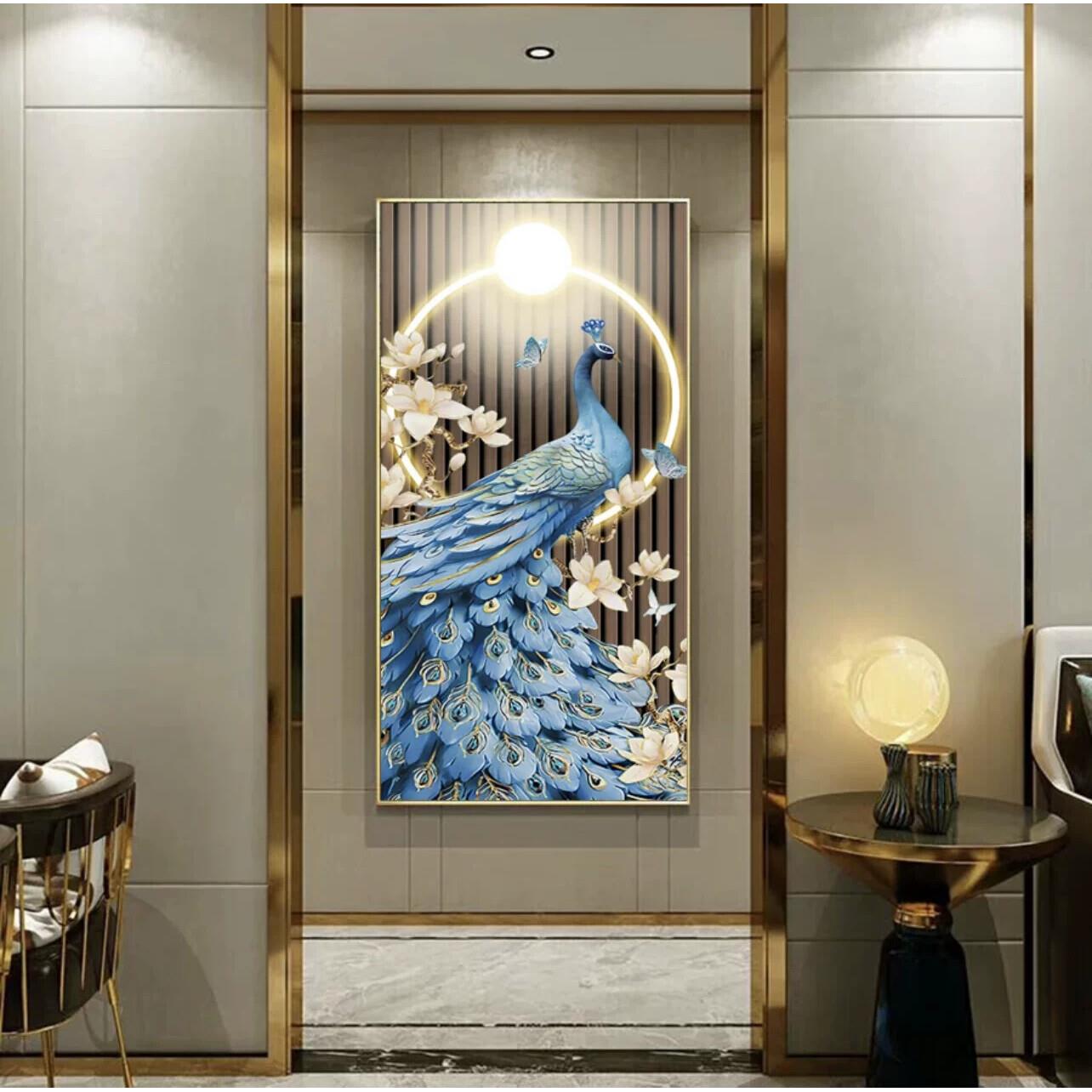 入户客厅玄关装饰画现代简约竖版背景墙壁画走廊过道挂画孔雀镶钻
