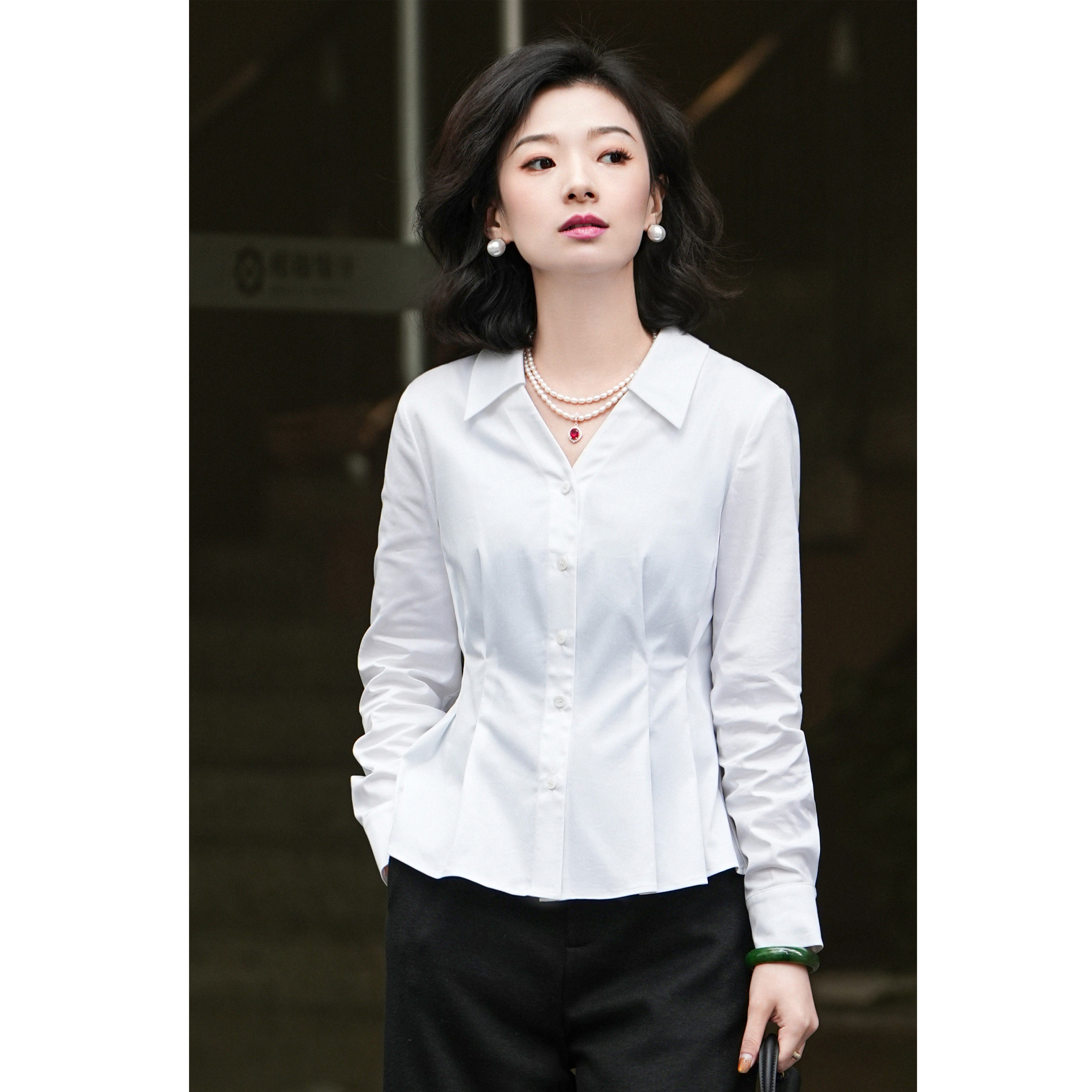 西子/【戛纳衬衫】高支精梳长绒棉V领压褶收腰职场衬衫女/CSZY093