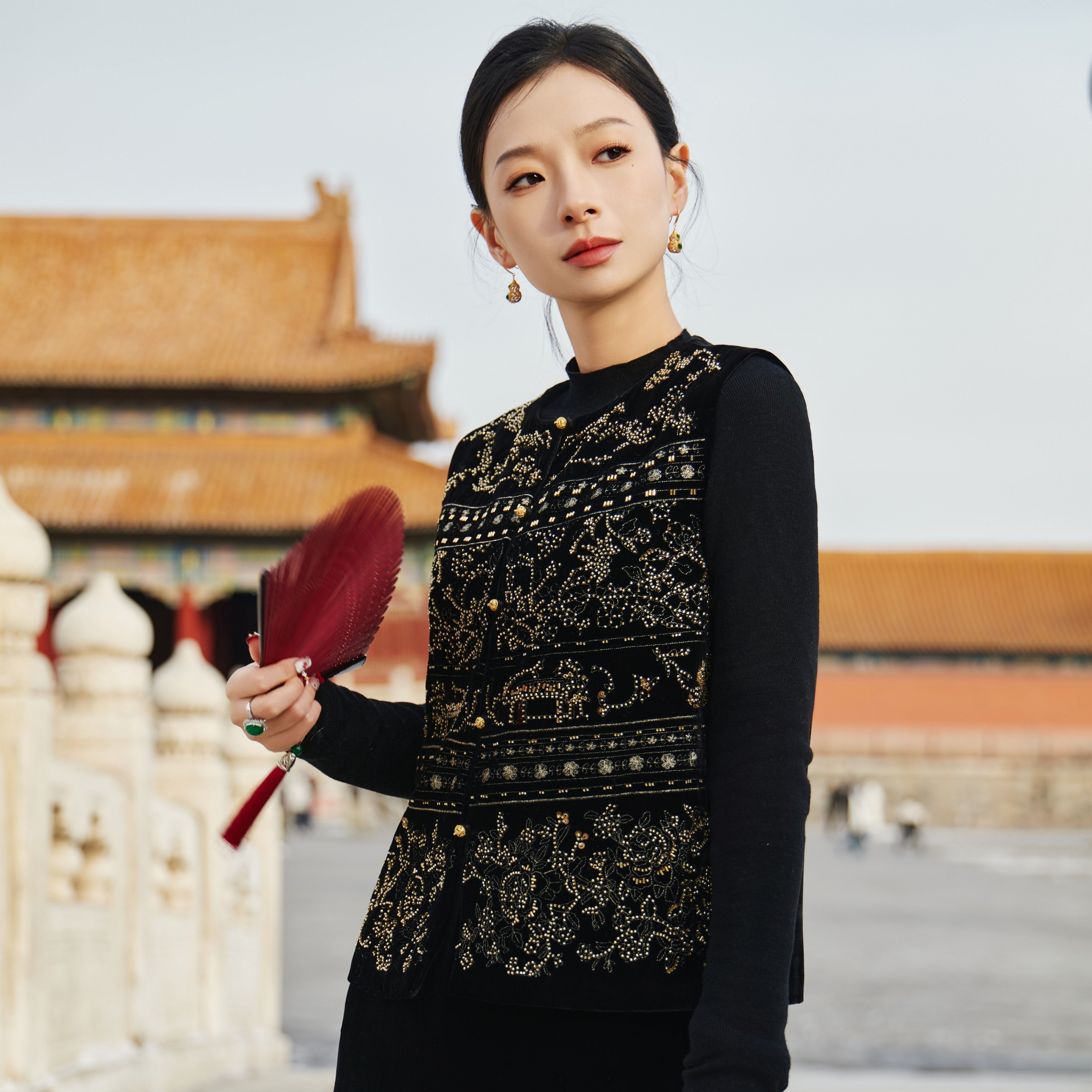 西子/真丝丝绒重工串珠刺绣显瘦气质新中式国风马甲女款/MJZH0038