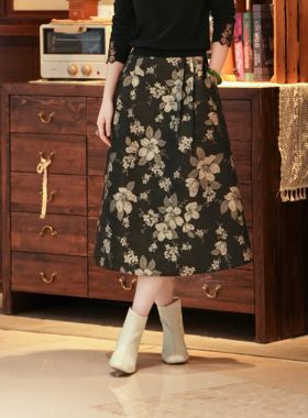 西子/【金玉】提花织锦缎国风花卉撞色浮雕后松紧伞裙女/BQBH528