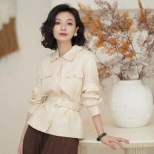 西子/【沙丘】莱赛尔亚麻腰带收腰杏色老钱风设计感外套/WTHY0113