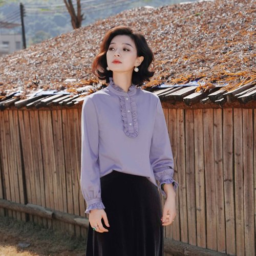 竹浆超细旦抽褶木耳边紫色衬衣女