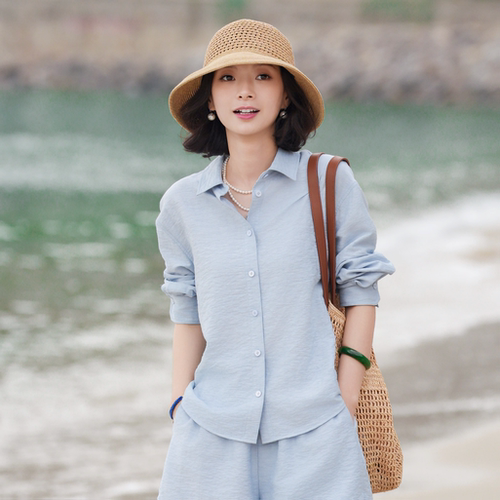 粘胶透气度假旅行衬衣短款套装女