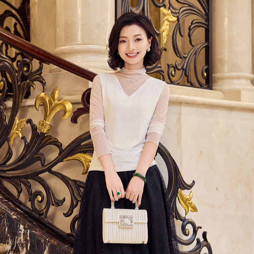 高弹网纱莫代尔假两件长袖上衣女