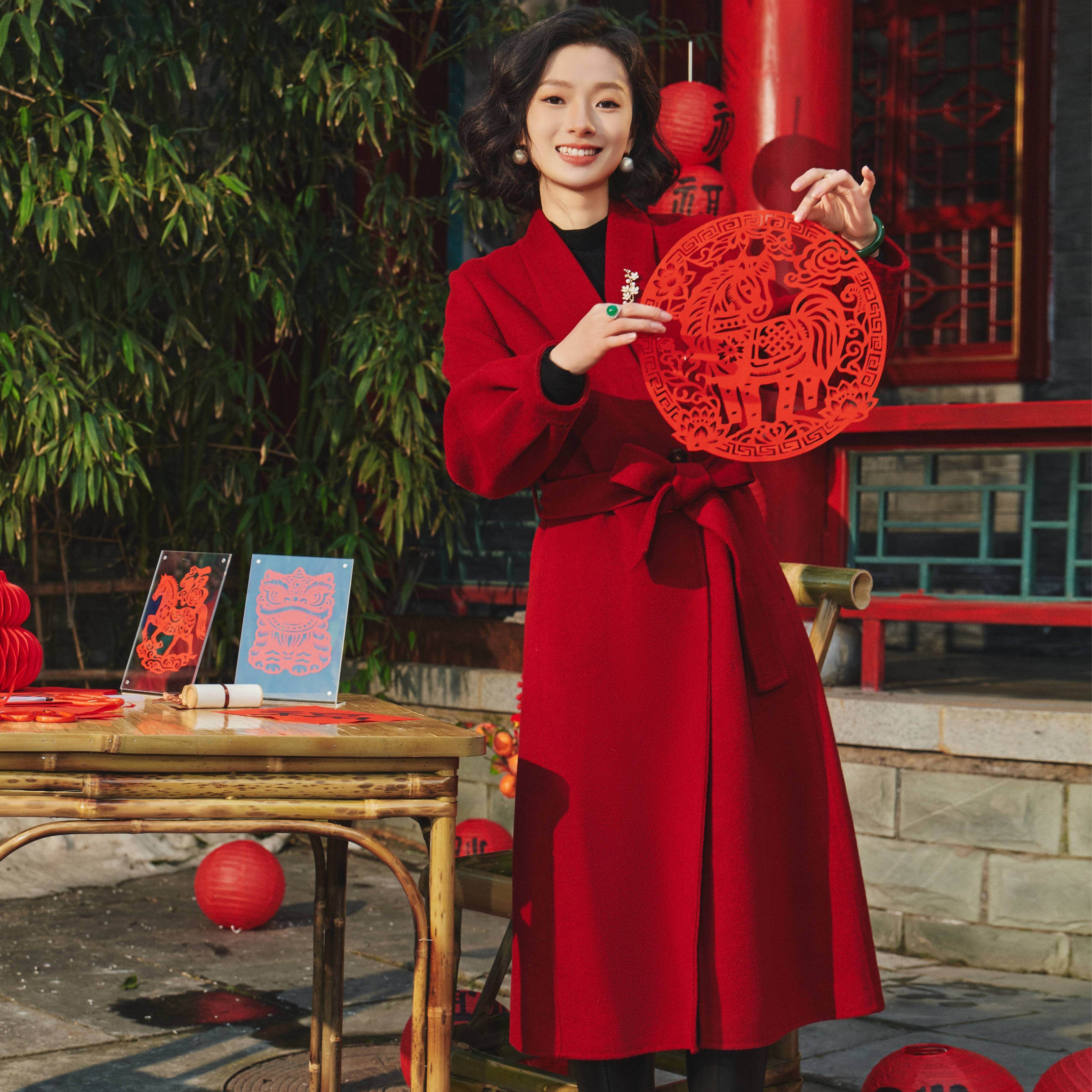 手工双面呢红色喜妈妈长款大衣女