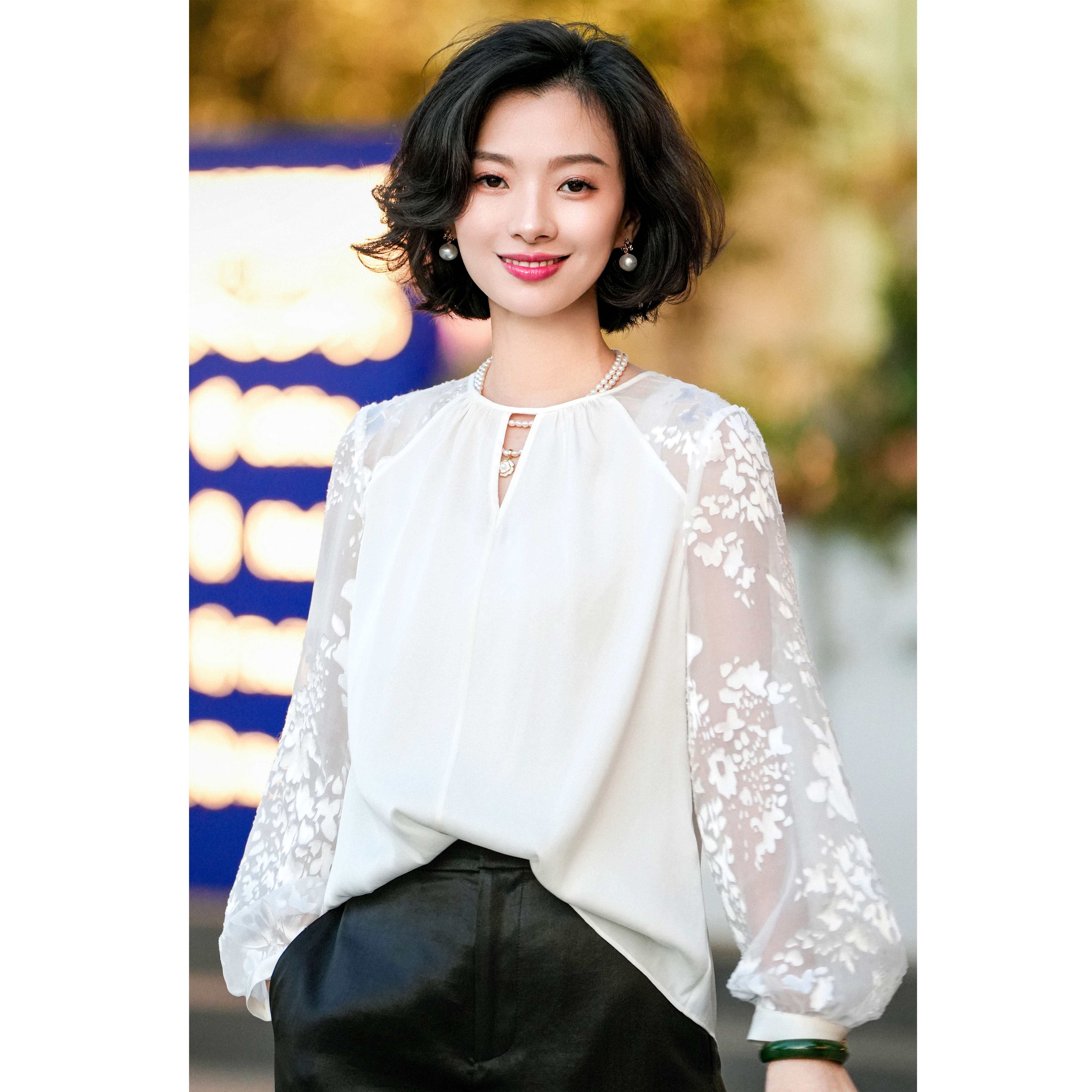 西子/【花满蹊】重磅桑蚕丝19姆米弹力双乔网纱钩花衬衫/SYTJ071