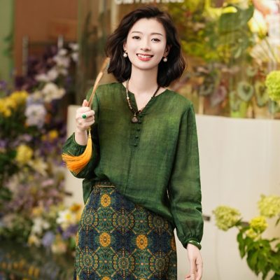 高密苎麻新中式透气灯笼袖上衣女