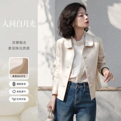 桑蚕丝羊毛丝毛翻领白色外套女装