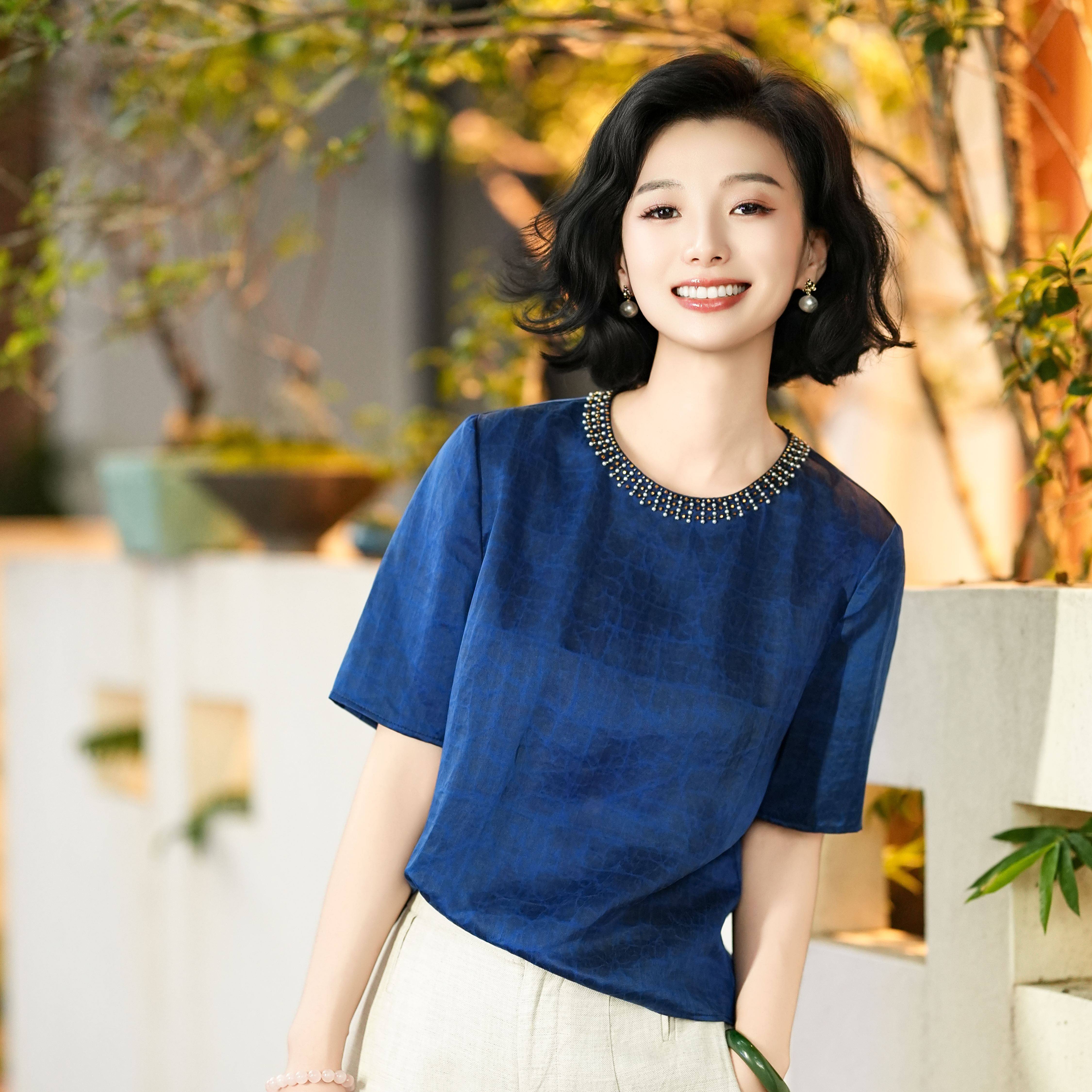 西子/【星芒缎龟】25姆米非遗香云纱桑蚕丝蓝龟钉珠T恤/SYBH2136