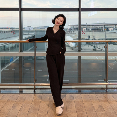 睫毛蕾丝上衣复古阔腿裤两件套女