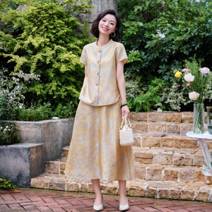 桑蚕丝立领盘扣短袖上衣半裙套装