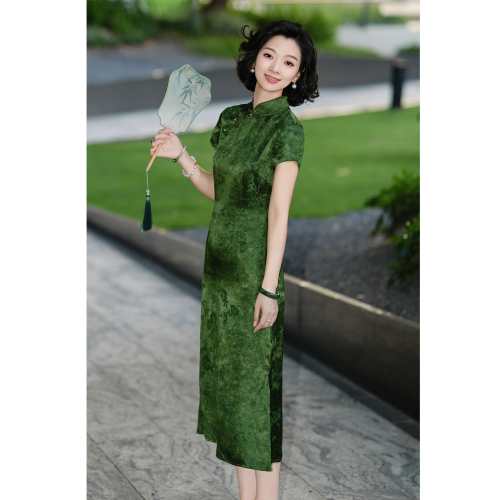 桑蚕丝茶纤维新中式斜襟盘扣旗袍