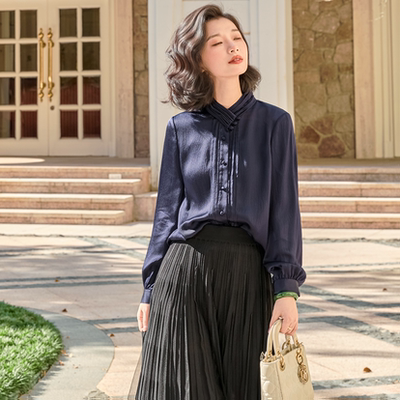 西子16姆米桑蚕丝藏蓝色上衣女装