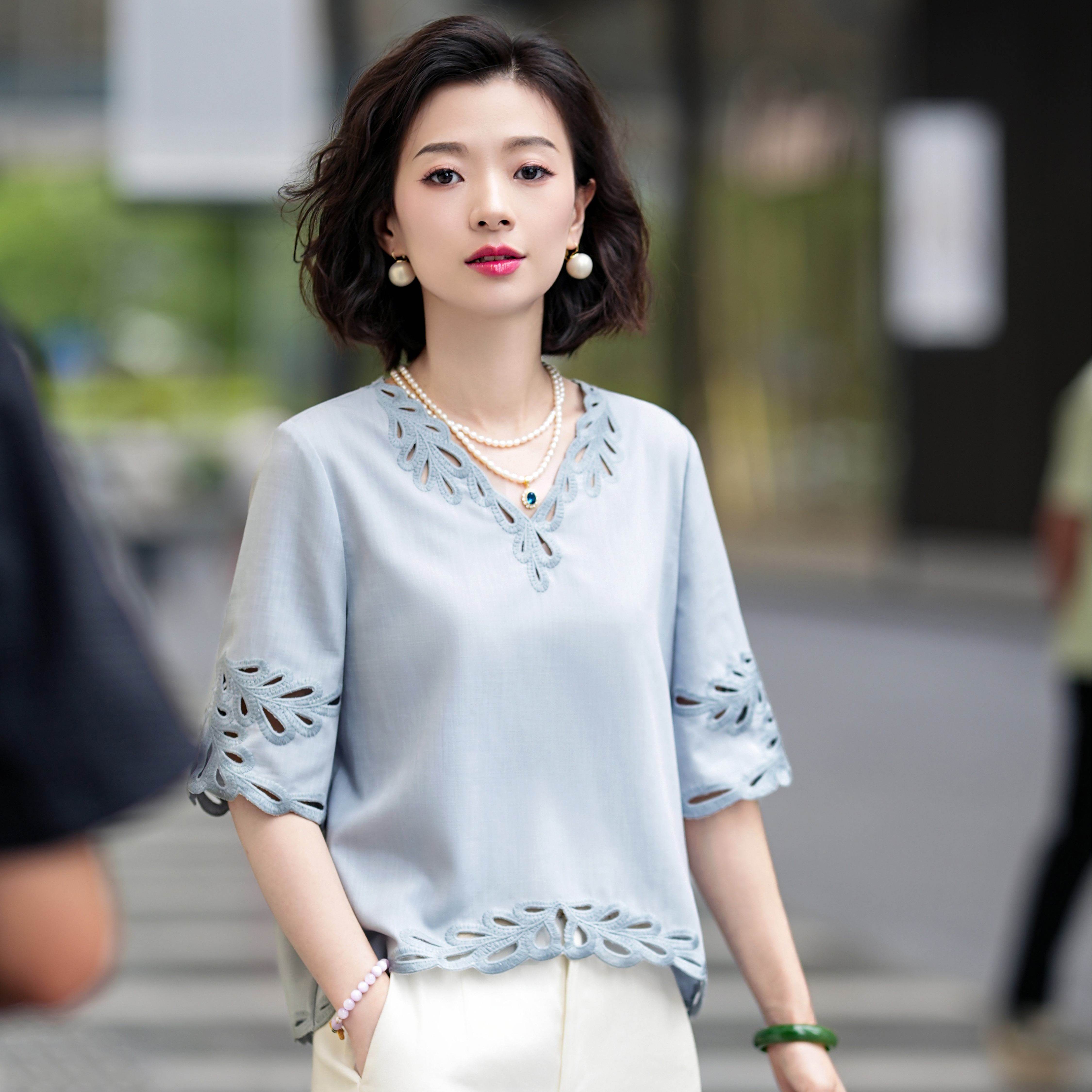 西子/【氧气少女】亚麻兰精天丝气质重工镂空绣花t恤女/SYBH1724