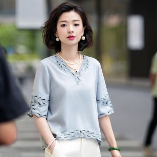 西子/【氧气少女】亚麻兰精天丝气质重工镂空绣花t恤女/SYBH1724