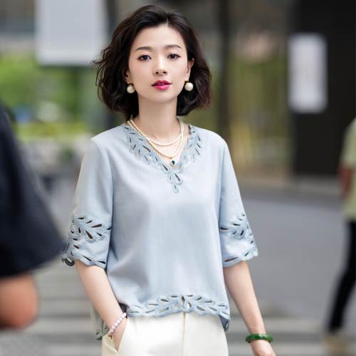 西子天丝亚麻重工镂空绣花t恤女