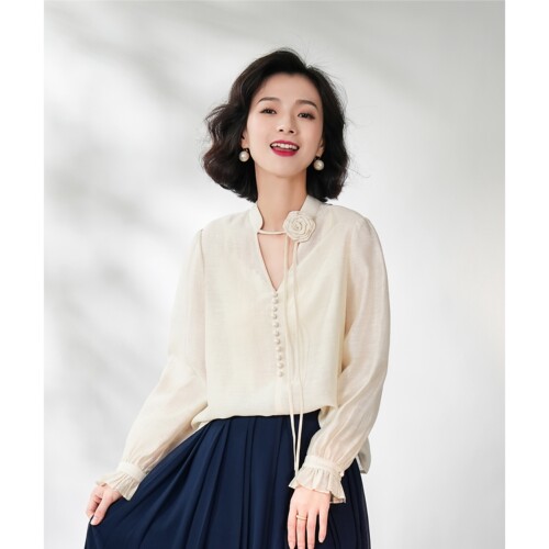 西子法式气质系带玫瑰衬衫衬衣女