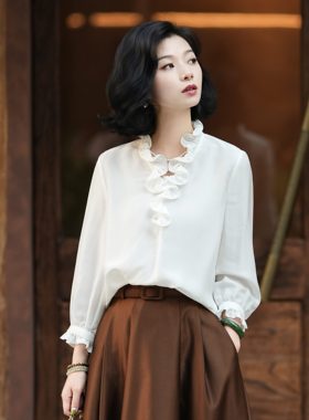 西子/【月光美人】醋酸桑蚕丝拉夫领温柔风长袖白色上衣/SYTJ085