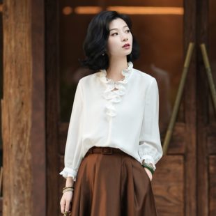西子/【月光美人】醋酸桑蚕丝拉夫领温柔风长袖白色上衣/SYTJ085