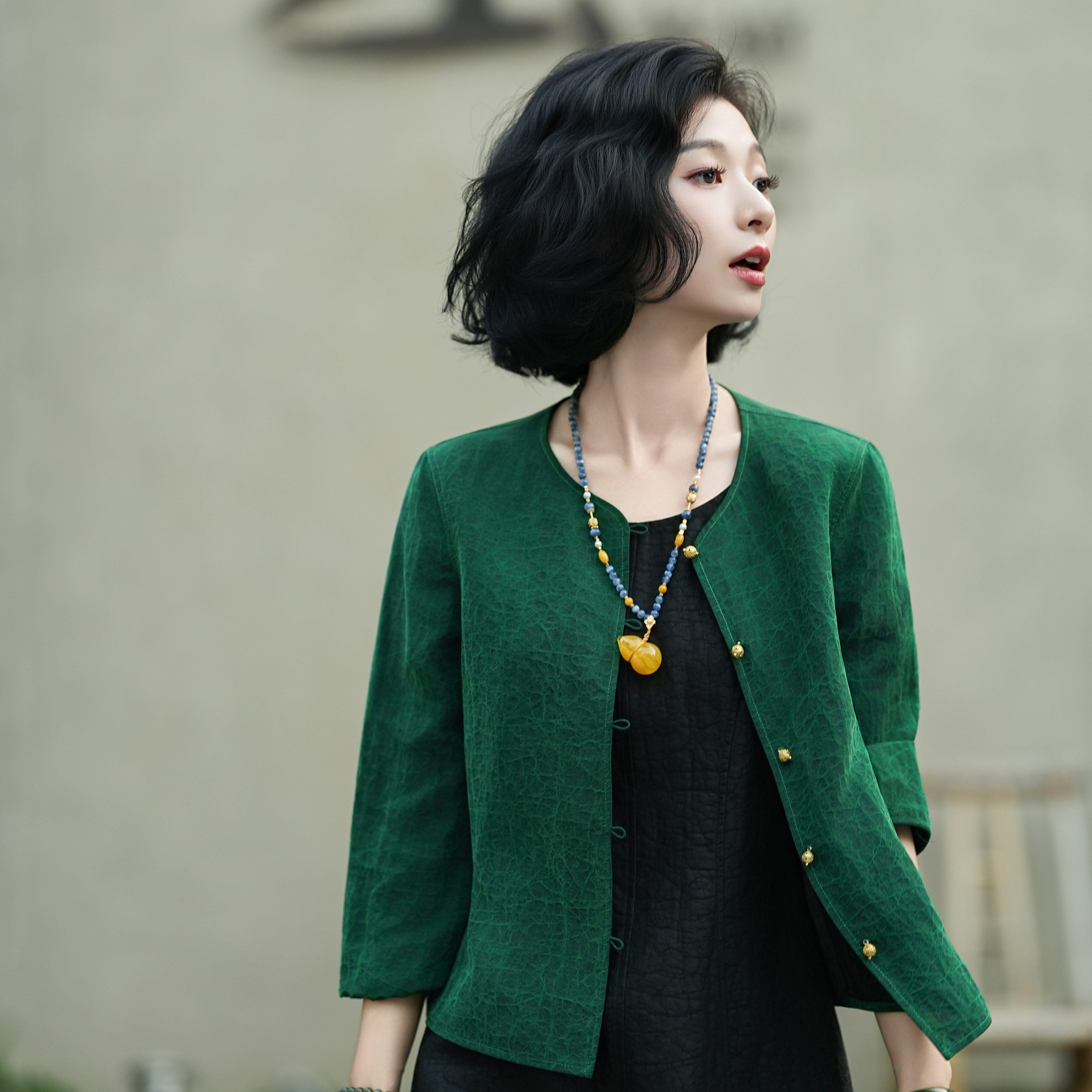 西子/【墨染青山】重磅桑蚕丝绿龟香云纱绿黑双面穿外套/WTYF024