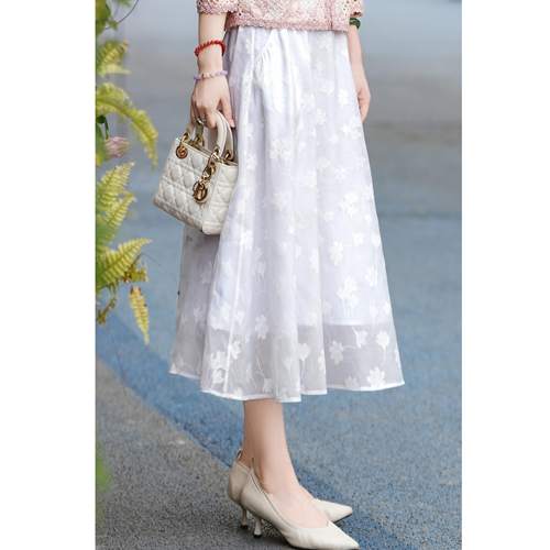 西子/【小确杏】轻盈烧花工艺百搭松紧腰高腰半裙/BQBH1609
