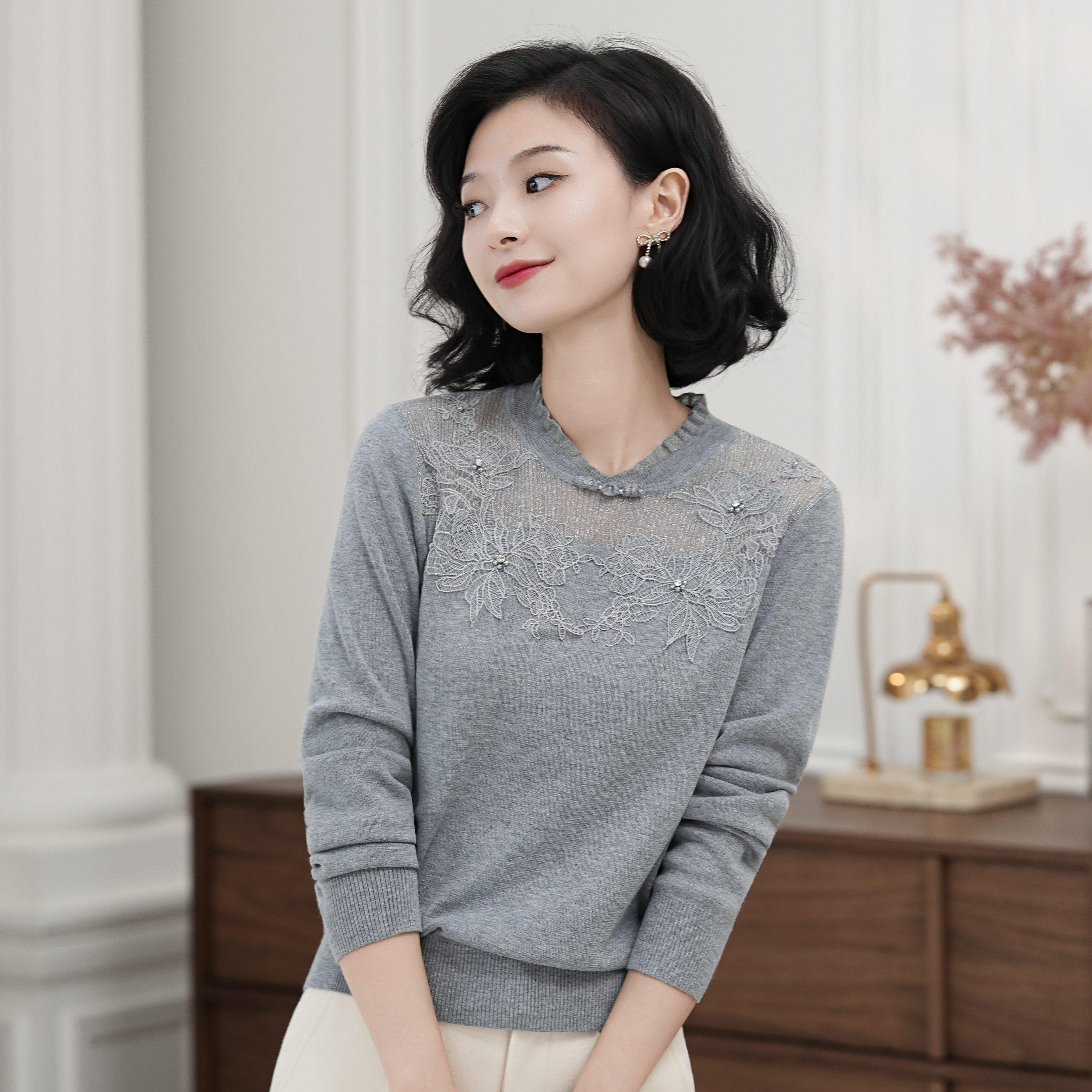 西子/【玉堂春影】丝毛新中式V领重工贴布刺绣女士针织衫/MSXS232