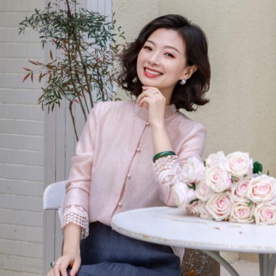 桑蚕丝双层气质立领珠扣粉色上衣